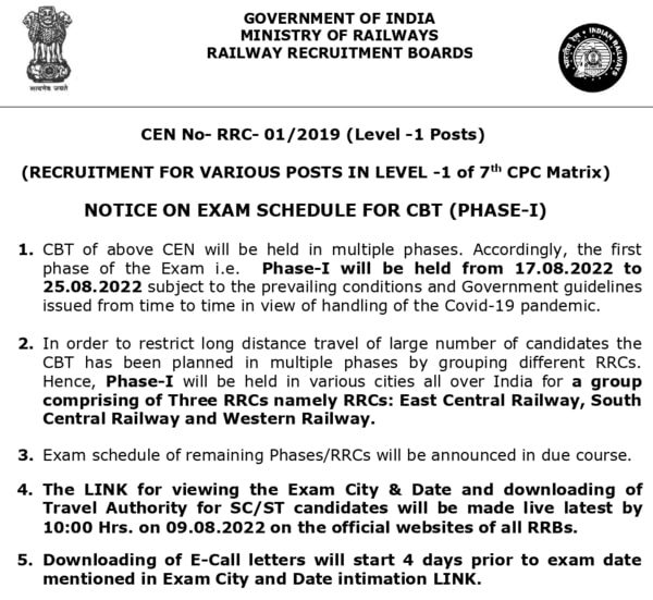 RRB Group D Admit Card, Exam Date